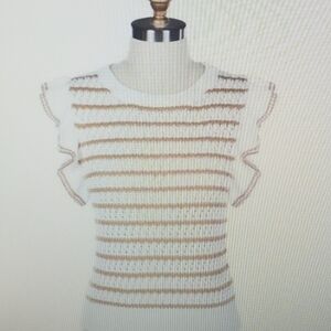 Le Lis Brown & White Stripe Flutter Sleeve Sweater Top